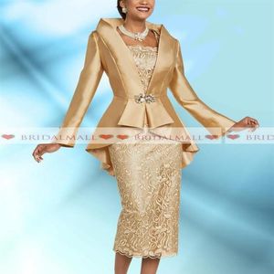 Plus Size 2 Pieces Gold Mother Of The Bride Dresses With Jacket 2019 Elegant Tea Length Long Sleeve Wedding Guest Dress Formal Eve278S