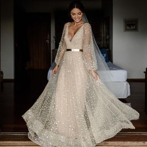 Boho Champagne Suknie ślubne V Długie rękawy Kequinowe suknie ślubne Długość podłogi Plus Size Beach Bohemian Wedding Suknia 3236