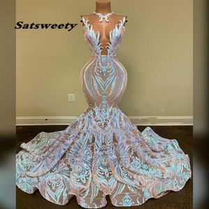 Long Sexy Prom Dresses Mermaid Sheer O-neck Black Girl African Sequin Gala Party Dress230c