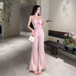 Calças femininas de duas peças conjunto rosa doce feminino verão sexy laço oco top de cetim branco calças largas luxo 2 vestido de festa elegante e bonito