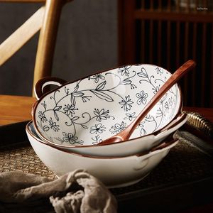 Bowls 780ml Soup Bowl With Handle Ceramic Salad Kitchen Tableware Pasta Dish Microwave Oven Bakware Pan