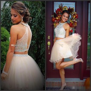 New Cheap Two Pieces Champagne Homecoming Dresses Crystal Beaded Hollow Back Tulle Short Mini Party Dress Cocktail Gowns po862850