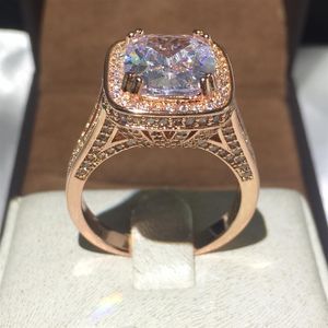 Fashion Jewelry Rose Gold 925 Sterling Silver Ring Cushion Cut 10CT 5A Zircon CZ Engagement Wedding Band Ring for Women299s