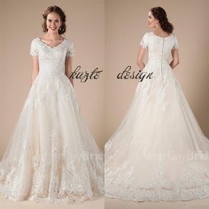 A-Line Lace Tulle Vintage Modest Dresses مع الأكمام القصيرة الأكمام الرسمية البلد الغربي فساتين الزفاف المعبد Bridal278i