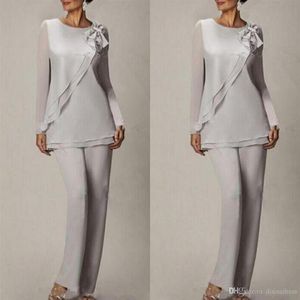 Silver Chiffon Summer Mother Of the Bride Pant Suits Two Pieces Long Sleeves Plus Size Wedding Mothers Guest Dress Custom Made291i