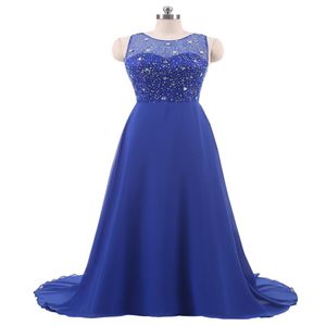 Royal Blue Plus Size Abiti da sera 2018 Sheer Neck Beaded Backless Long Prom Dress Abiti formali economici Real Po In Stock232D