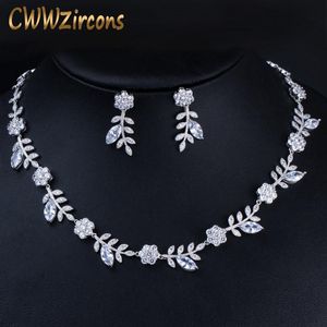 Necklaces Cwwzircons Leaf Shape Elegant Cubic Zirconia Bridal Wedding Round Choker Necklace Costume Jewelry Sets for Women T317