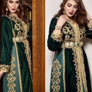 Elegant Arabic Kaftan Moroccan Dark Green Evening Dresses Long Sleeve Embroidery Appliques Beads Floor Length Caftan Dress Muslim 313H