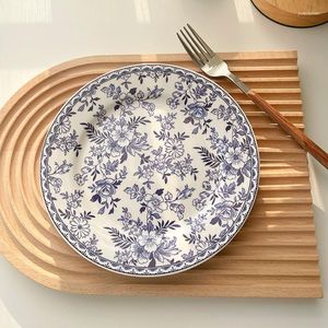 Płyty retro niebiesko -białe płytki ceramiczne danie domowe płaskie głębokie naczynia stołowe na wzorze makaronu