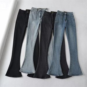 Kvinnors jeans hög midja denim flare byxor för kvinnor fast färgficka design student slim bootcut hösten casual kvinnlig byxor