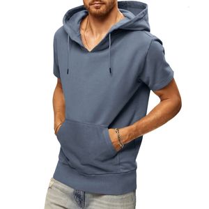 Erkek Hoodies Sweatshirts 2023 Yaz Katı Mens Sweatshirt Sıradan Spor Kısa Kollu Üstü Yüksek Son Pamuk Cep Giysileri 230720