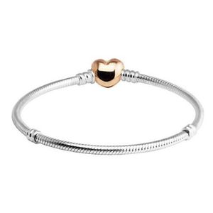 Adatto a Pandora Beads Rose Golden Heart Chiusura Snake Chain Bracciali in argento per donne e uomini Gioielli fai da te Original Silver 925 Charms B204y