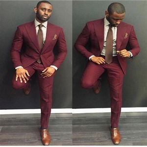 Classic Design Groom Tuxedos Two Buttons Burgundy Peak Lapel Groomsmen Man Suit Mens Wedding Suits Jacket Pants Tie NO7763106