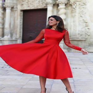 Red SatinTea Length Cocktail Dress Elegant Sheer Long Sleeves Backless Women Formal Party Gowns Short A Line Evening Dresse212P