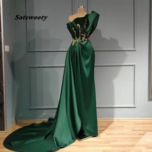 Demure Emerald Green Mermaid Satin Evening Dresses Real Image Gold Applicques Tonged Long Prom Dresses Ruffles Formell klänning198y