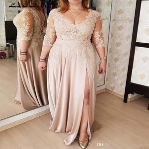 Plus Size Lace Illusion 3 4 Long Sleeve Sheath Mother Of the Bride Dresses Side Split Formal Evening Gowns V Neck See Through Part214B