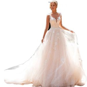 2023 beach Elegant Lace A Line Wedding Dresses Sheer Mesh Court Train Garden Bridal Wedding Gowns robe de mariee vestidos de novia boho v neck designer bridal gowns