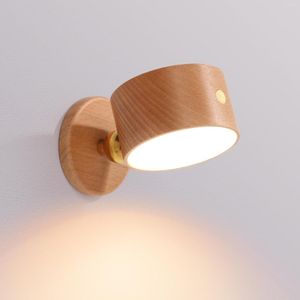 Lampa ścienna sypialnia USB Uładne dotyk magnetyczny Absorpcja LED Mała noc nocna dekoracyjna drewniana runda