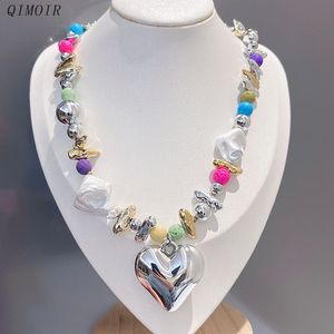 Colares com pingente multicores grande colar de coração para mulheres irregular metal colorido misturado contas de pedra acrílica meninas festa moda jóias C1182 230721