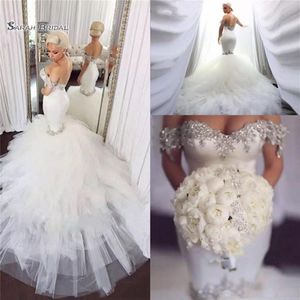 Sparkly elegante sirena abiti da sposa in rilievo di cristallo tulle puffy abiti da sposa africani plus size abiti da sposa283d