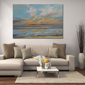 Modern handmålad abstrakt duk Art Rhythmic Sunset Waves Oil Målning Heminredning för sovrum