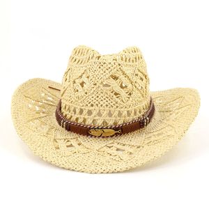 Summer Western Hollow Straw Cowboy Cowgirl Hat for Women Men Outdoor Wide Rdzeń Słońca Czapka ręcznie tkana Sombreros de Majer