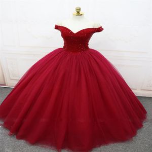 Sparkling Quinceanera Dresses Ball Gown Dark Red Evening Dress Lace-up Back Pleats Tulle Sweep Train quinceanera dresses2137