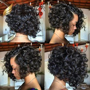 Kurze Bob-Schnitt-Vollspitze-Perücke, Echthaar, Locken-Stil, langer Bobby mit Seitenteil, Spitzenfront-Perücken für schwarze Frauen2380