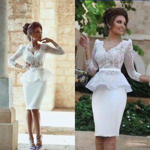Sexy Illusion Bodice V Neck Cocktail Dresses With Sheer Lace Long Sleeves Crop Top Peplum Appliques Sheath Formal Party Gowns288S