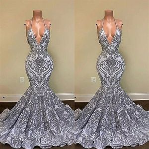 2022 Gorgeous Silver Mermaid Prom Dresses Spaghetti Straps V-neck Appliques Lace Backless Evening Gowns BC13118 B0417Q1770