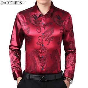 Men's Casual Shirts Wine Red Smooth Silk Satin Shirt Men 2019 Chinese Dragon Jacquard Mens Slim Fit Long Sleeve Button Down Dress Shirts Chemise 4XL L230721