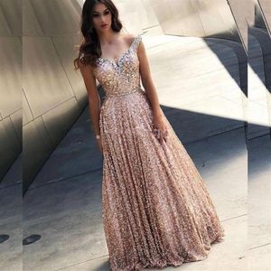 Off The Shoulder Prom Dresses Full Sequins A Line Dusty Pink Evening Dresses Long Beaded Floor Length Formal Party Wear Gowns Even322C