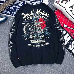 Мужские футболки японская дьявола мотоциклета байкер футболка мужская повседневная с длинным рукавом хлопковая буква