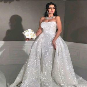 Glitter arabiska sjöjungfru bröllopsklänningar med avtagbar tåg stropplös älskling full paljetter plus storlek oftskirt country brud 199o