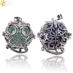 CSJA Vintage Silver Öppnande Locket Charm Halsband hängen Owl Bird Cage Round Natural Stone Bead Ball smycken för män Kvinnor Gift263C