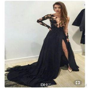 2019 nowe seksowne czarne długie rękawy formalne sukienki wieczorowe Slim Fit Side podzielone suknie imprezy balowe długość pociągu Made Elegant Prom D289z