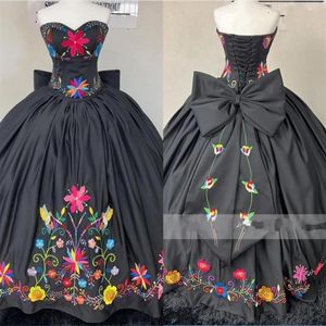 2023 Modest Mexican Embroidered Evening Dresses Formal Special Occasion Sweetheart Satin Corset Back Bow Quinceanera Dress Sweet 1237S