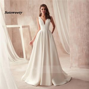 Famous Design Satin Wedding Dress with Pocket V-neck Cutout Side Open Back Bridal Dress Pocket vestido longo de festa183w