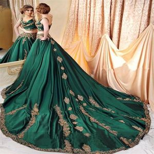 2019 Hunter Green Satin A Line Long Dubai Kaftan Evening Dresses With Lace Applique Two Pieces Prom Dresses African307E