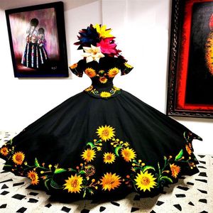 Magival Sunflowers Embroidery 2022 Mexican Quinceanera Prom Dresses Charro Off Shoulder Satin Ball Gown Sweet 16 Dress Vestidos 15272I