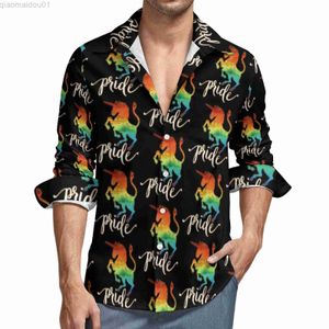 Camisas casuais masculinas Camisa de unicórnio arco-íris Camisas casuais com estampa de letras de outono Pride Camisas masculinas Novidade Blusas manga longa gráfica Streetwear Tops tamanho grande L230721