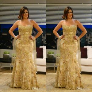 2020 Plus Size Prom Dresses Strapless Gold Lace Appliqued Sequins Long Evening Gown Ruffle Custom Made Mermaid Formal Party Gowns272h
