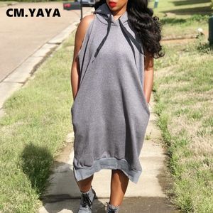 Vestidos Casuais Básicos CM.YAYA Vestido Feminino para Streetwear Com Fenda Sem Manga Com Capuz Solto Moletom Estilo Vestidos Cinza Ativo 230720