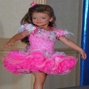 Pretty Fushia Little Girl's Pageant Dresses Beaded Crystals Ruffles Lovely Tiered Girls Formal Dresses300G