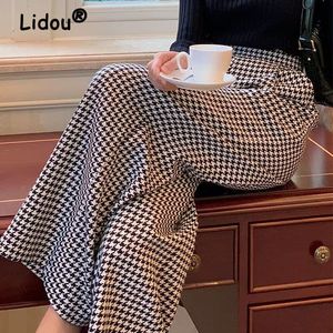 Women's Pants Capris Winter Women Vintage Classic Houndstooth Woolen Cloth Straight Wide Leg Trousers Elegant Office Lady High Waist Loose Suit Pants 230720