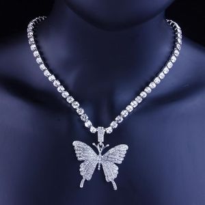 Iced Out Butterfly Pendant Necklace Gold Silver Tennis Chain Mens Womens Hip Hop Halsband smycken265j
