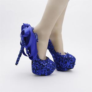 Blue Color Lace Wedding Shoes Sequined Glitter Nightclub Pumps Beautiful Satin Bow Women Prom Shoes Party Blue Dress Shoes222D