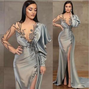 2022 Silver Sheath Long Sleeves Evening Dresses Wear Illusion Crystal Beading High Side Split Floor Length Party Dress Prom Gowns 317G