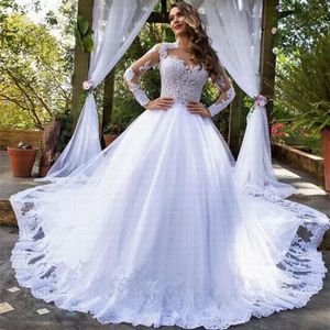 2021 Suknie ślubne z koronkami księżniczki Księżniczki Ball Suknia iluzja Elegancka długie rękawowe suknie ślubne Vestido de Noiva303o