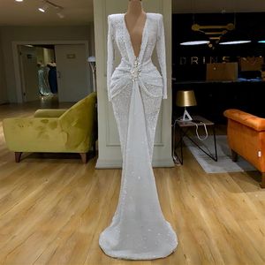 Sparkly Pailletten Prom Kleider 2022 Langarm Sexy High Slit V-ausschnitt Meerjungfrau Rose Gold Dubai Frauen zuhair murad Formale abend Gow217N